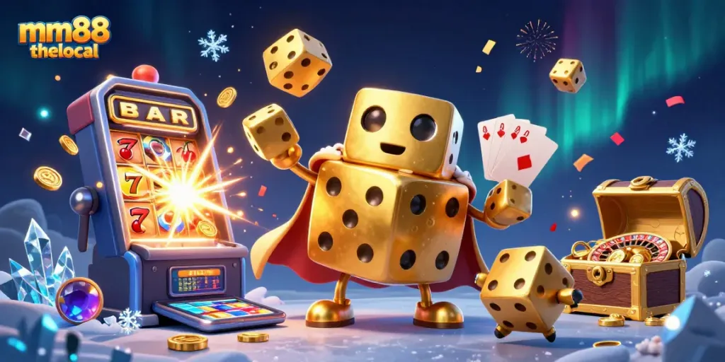 Experience exciting gameplay with mm88 thelocal as golden dice and jackpots burst in a vibrant casino scene.