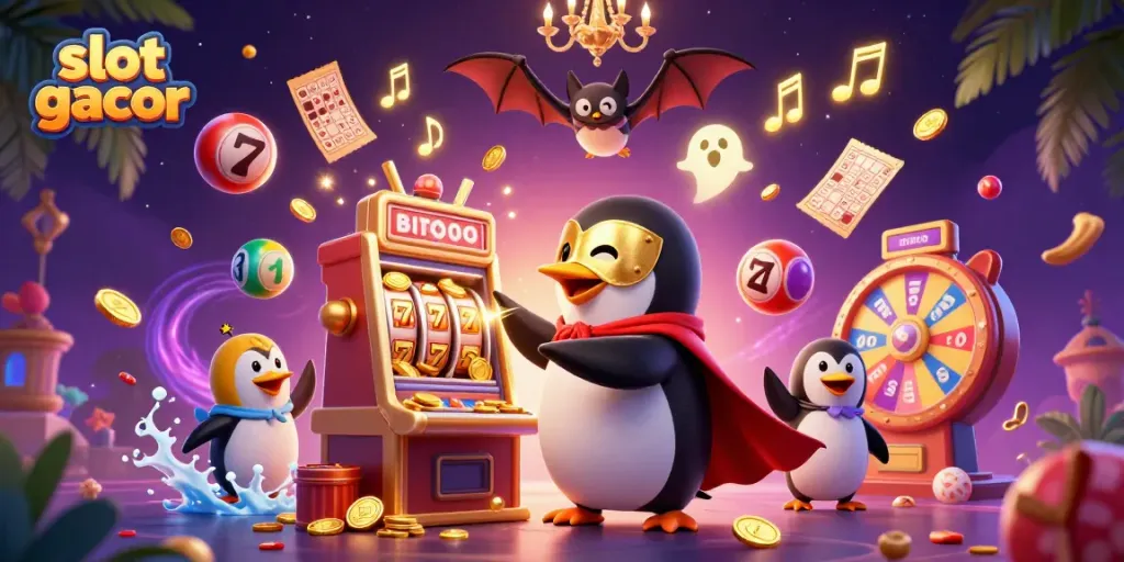 Slot gacor dengan penguin opera yang menembakkan koin emas dari mesin permainan