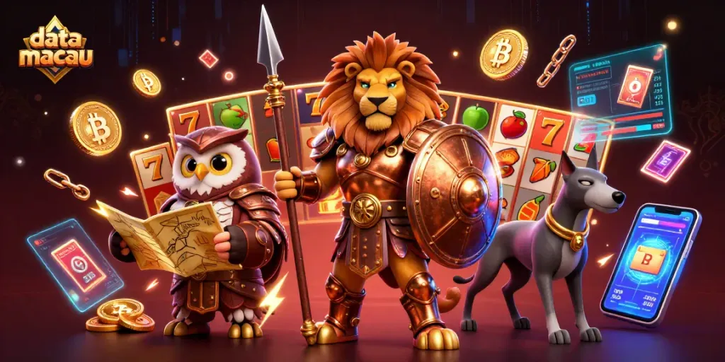 Mengikuti data macau terbaru dengan ilustrasi slot warna-warni dan karakter kasino yang menarik.