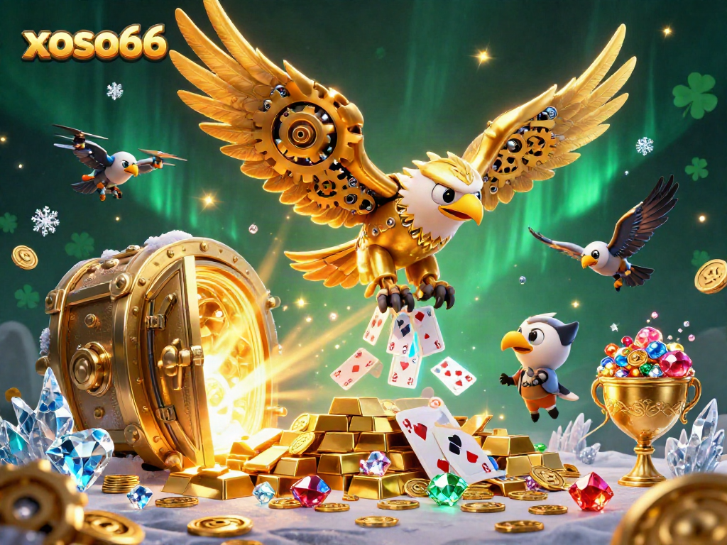 Experience thrilling gameplay at xoso66 with a captivating scene featuring a golden eagle amidst a cascade of playing cards.