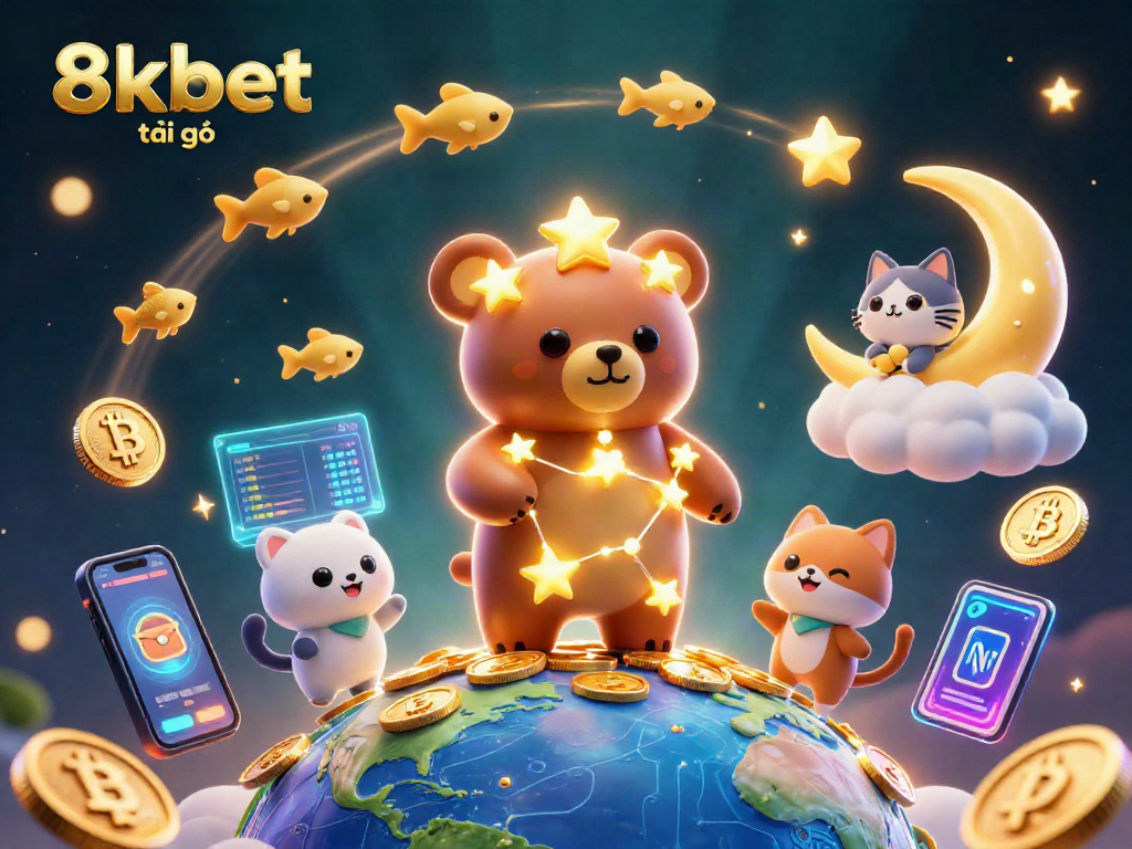 Engage with the vibrant scene of 8xbet tài trợ showcasing crypto elements and constellation characters.