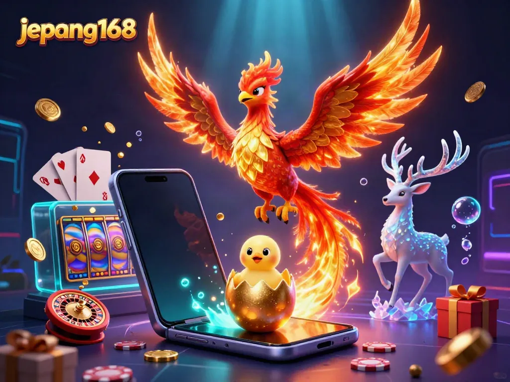 Experience the excitement of gaming with Jepang168, featuring a stunning phoenix and casino elements.