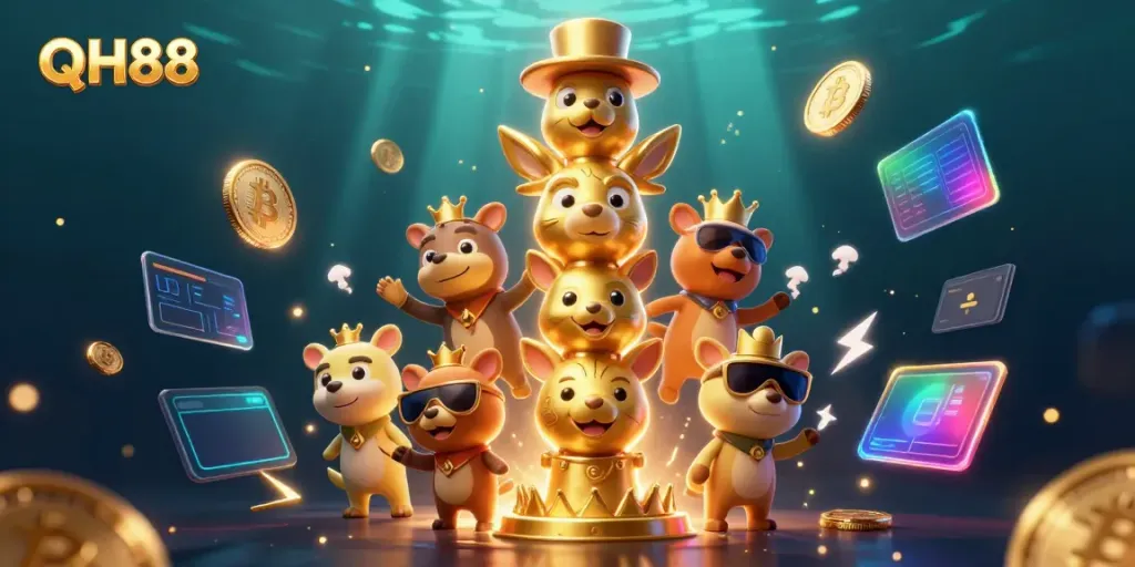 Experience the excitement of QH88 with a vibrant illustration featuring a golden totem pole and cryptocurrency tokens.