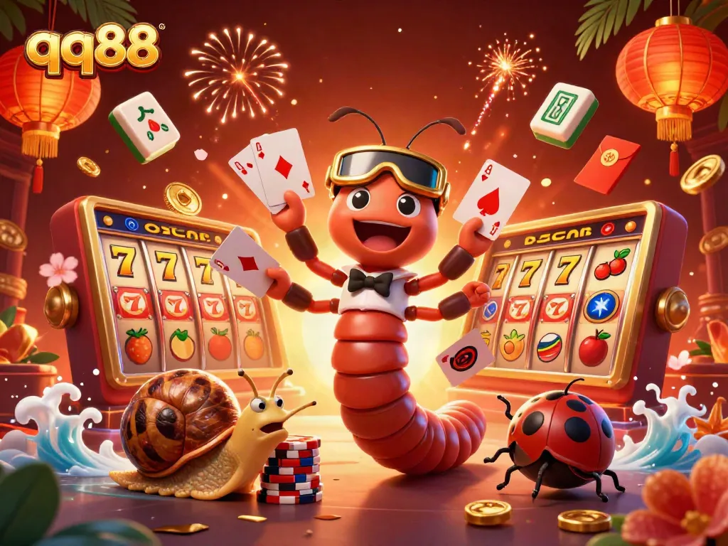 qq88 casino illustration featuring characters in a dynamic gambling scene with slot machines and vibrant elements