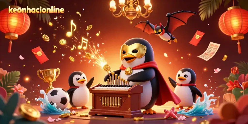 Experience dynamic betting action with keonhacaionline's energetic casino scene featuring a penguin and sports elements.