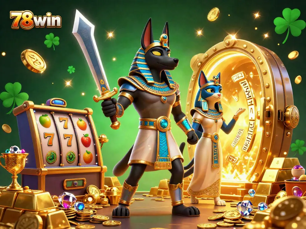 Experience the thrill of 78win with cartoon characters amidst slot machines and treasures.