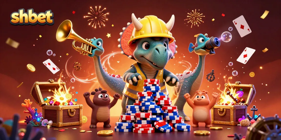 Experience exciting wins with shbet at this vibrant 3D casino scene featuring animated dinosaurs and colorful gambling elements.