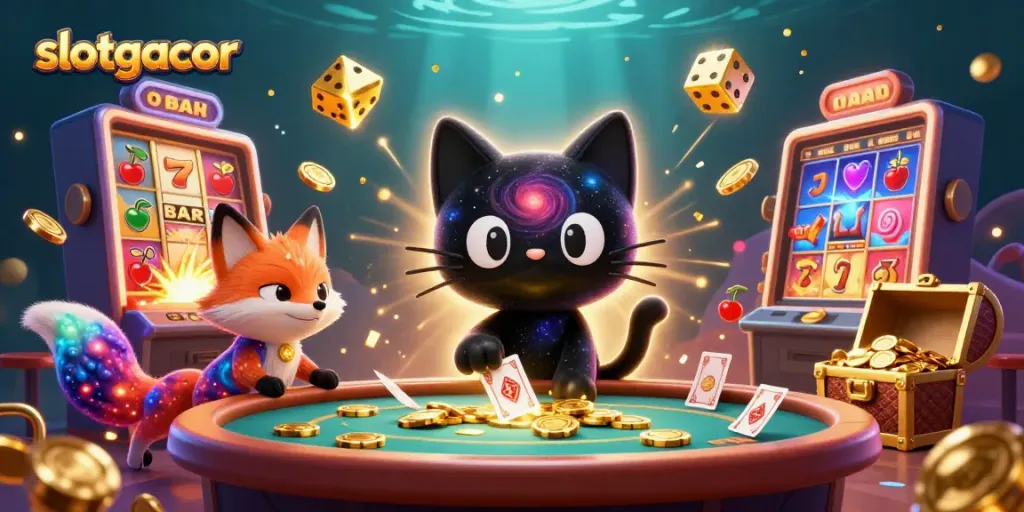 Experience the excitement of slotgacor with this vibrant cosmic casino scene bursting with action and winning elements.
