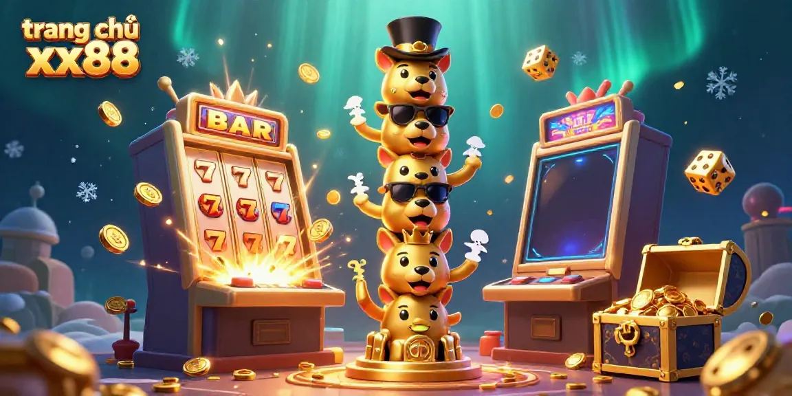 Experience the vibrant scene at trang chủ xx88 with a lively illustration of a totem pole surrounded by a jackpot explosion and wild casino elements.