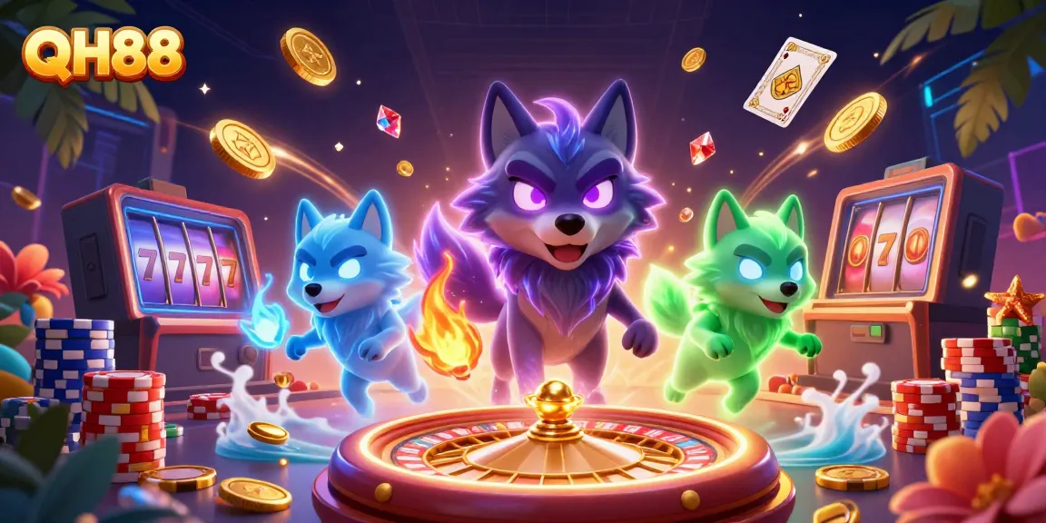 Engage in thrilling casino experiences at QH88 with vibrant characters and exciting game elements showcased.