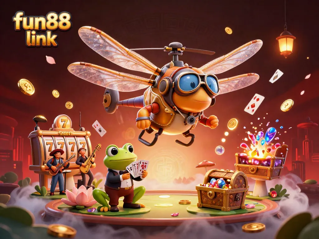 Experience the fun88 link in a vibrant casino scene with a dragonfly pilot, frog croupier, and jazz musicians.