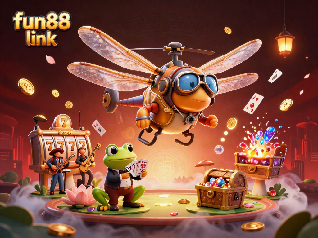 Experience the fun88 link in a vibrant casino scene with a dragonfly pilot, frog croupier, and jazz musicians.