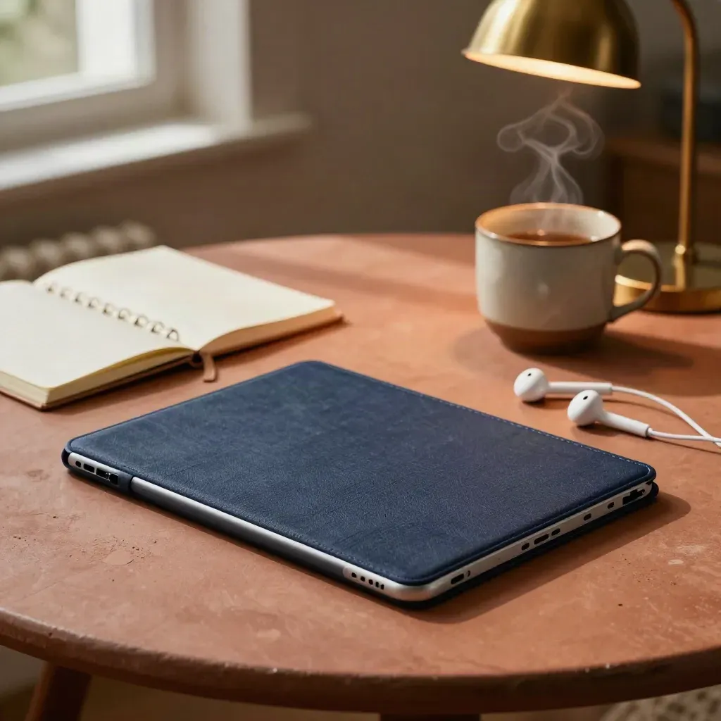 Zamknięty tablet, słuchawki, notes, kubek herbaty i lampka na okrągłym stole przy oknie.