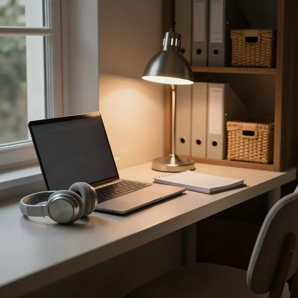 Lampka, słuchawki, laptop i notes w jasnym kąciku nauki online.