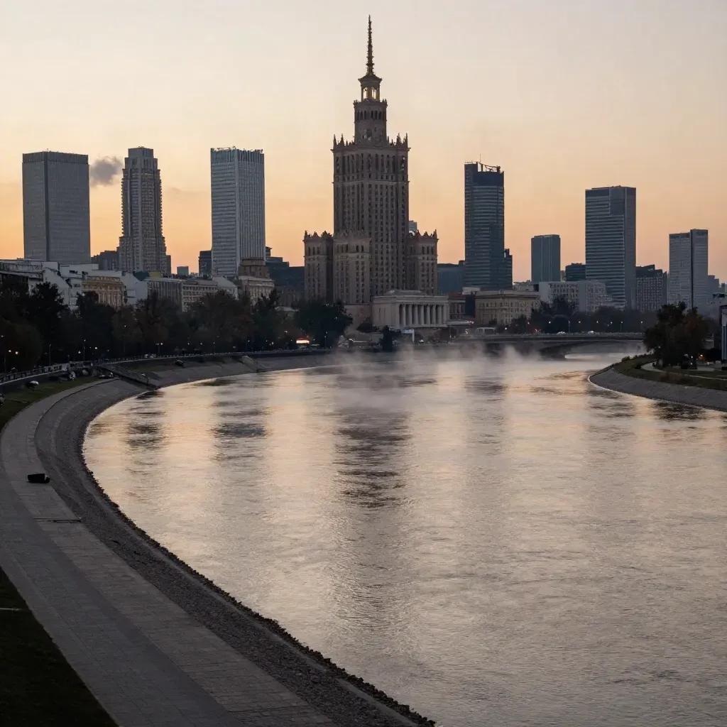 Panorama Warszawy nad zakolem Wisły o zmierzchu, z mgłą i spokojnym nabrzeżem.