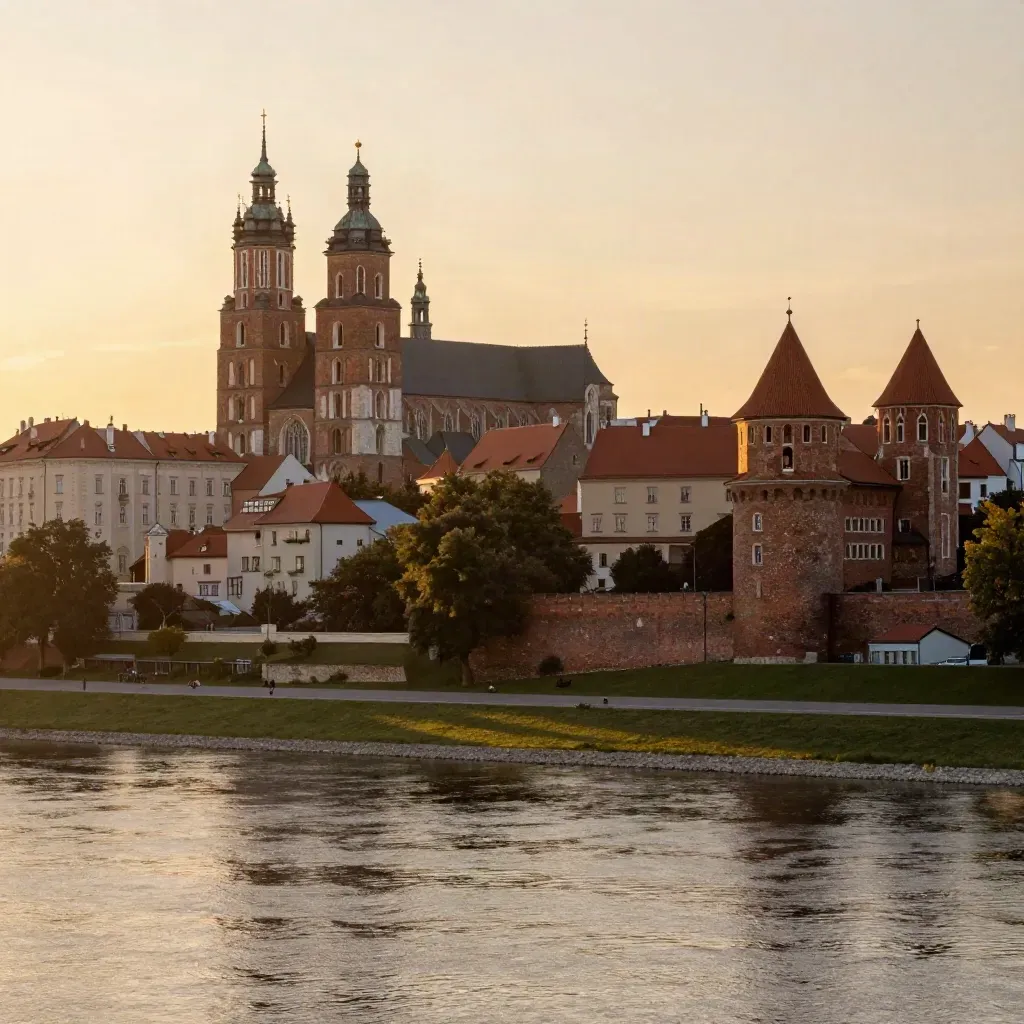 Wawel i dachy Krakowa nad Wisłą w złotym świetle, z mgłą nad cichym brzegiem.