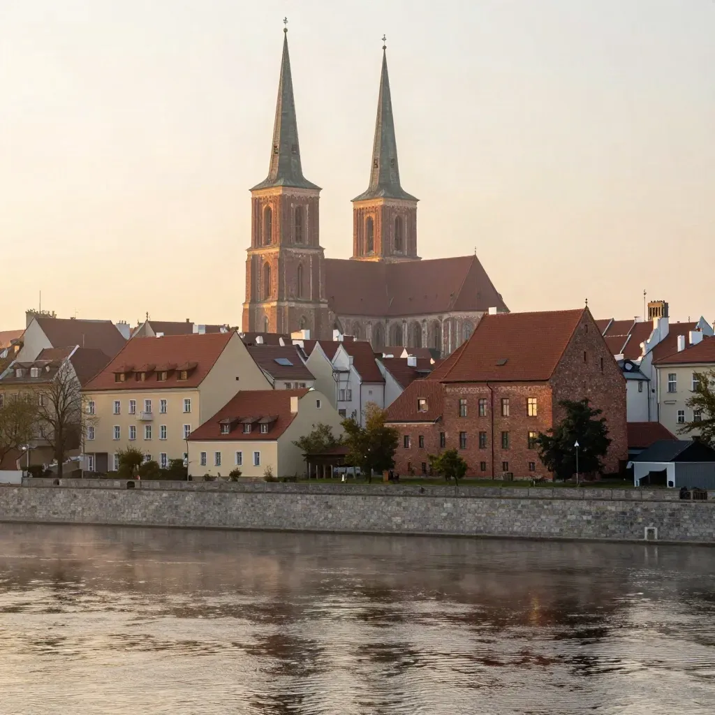 Poranna panorama Ostrowa Tumskiego w Poznaniu nad spokojną wodą i mgłą.