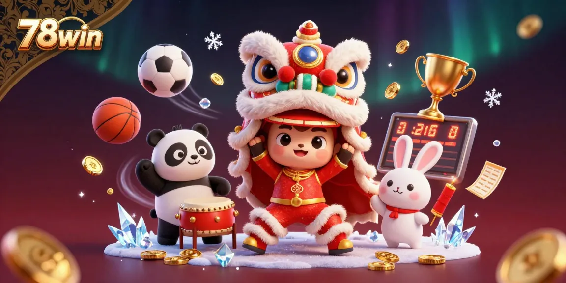 Engage and win with 78win's festive 3D scene, showcasing gameplay excitement and colorful characters.