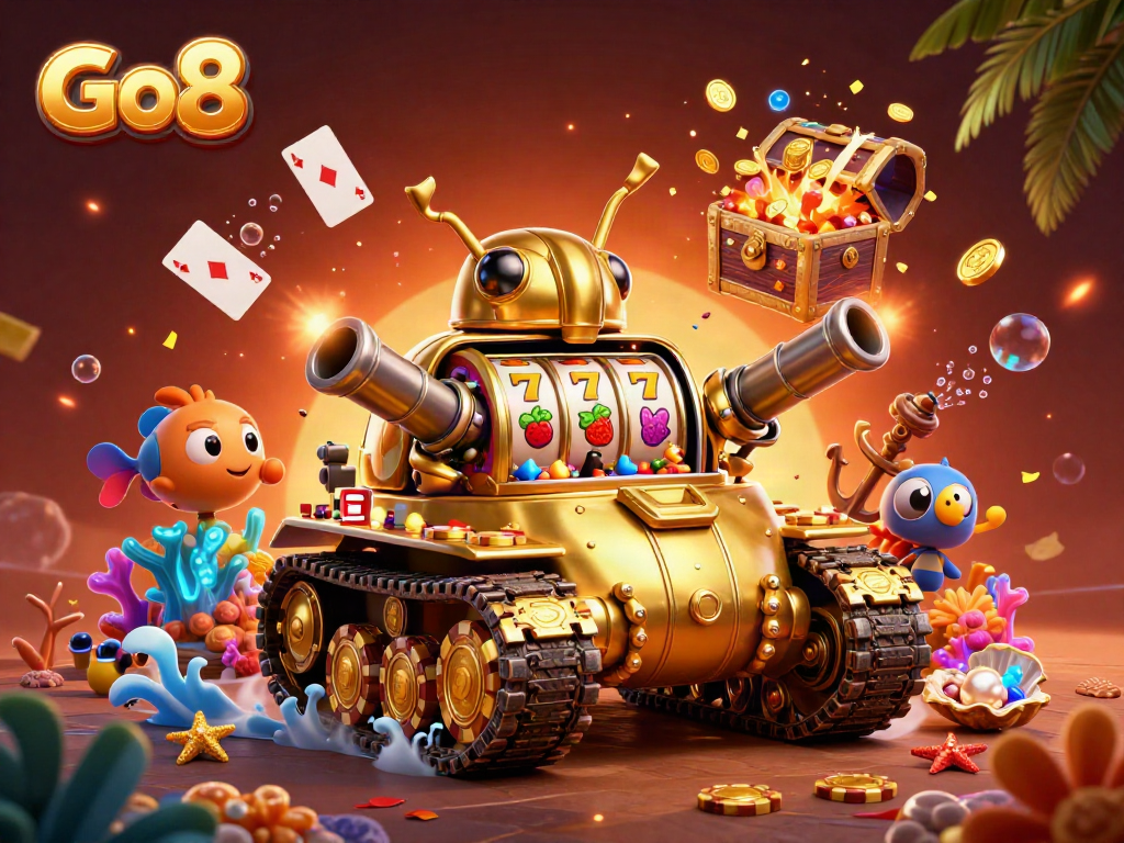 Engage in exciting gameplay at Go8 with a stunning golden beetle casino tank showcasing slot reels.