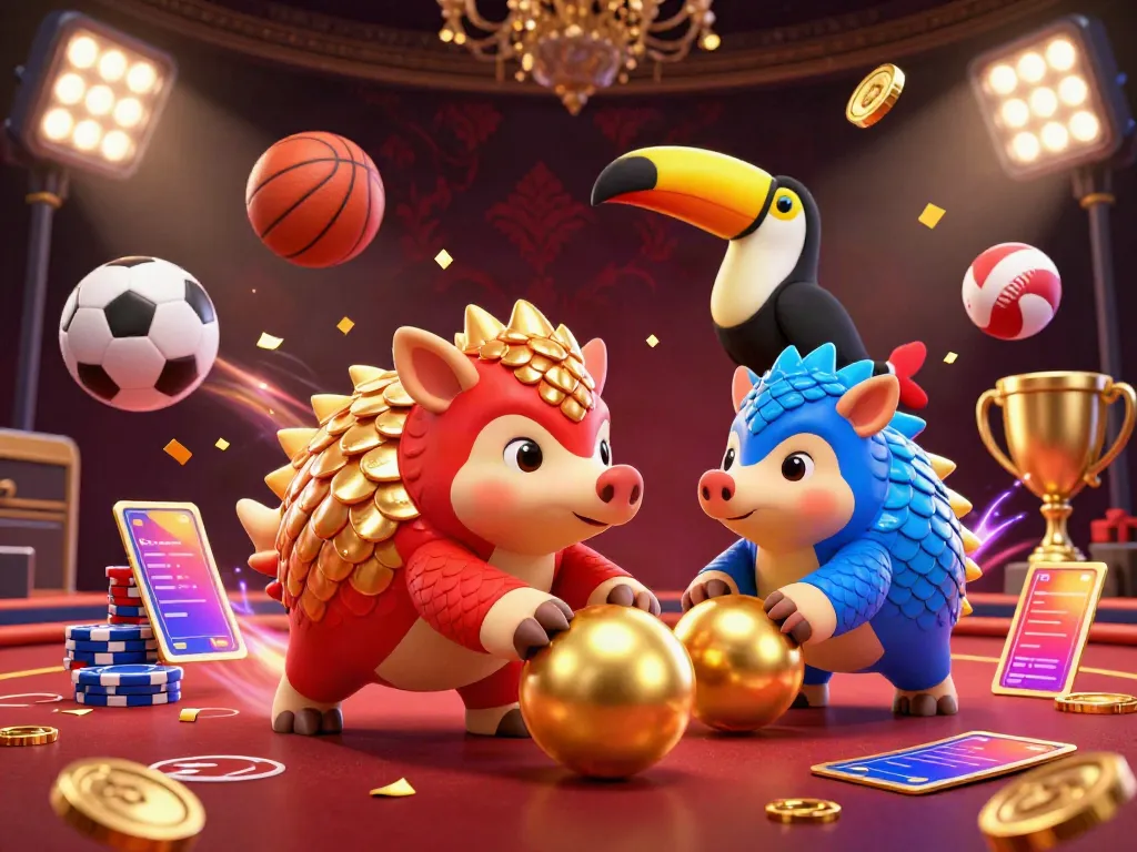 Experience Game KK55 as rival pangolins engage in a vibrant gambling showdown with dynamic sports elements.