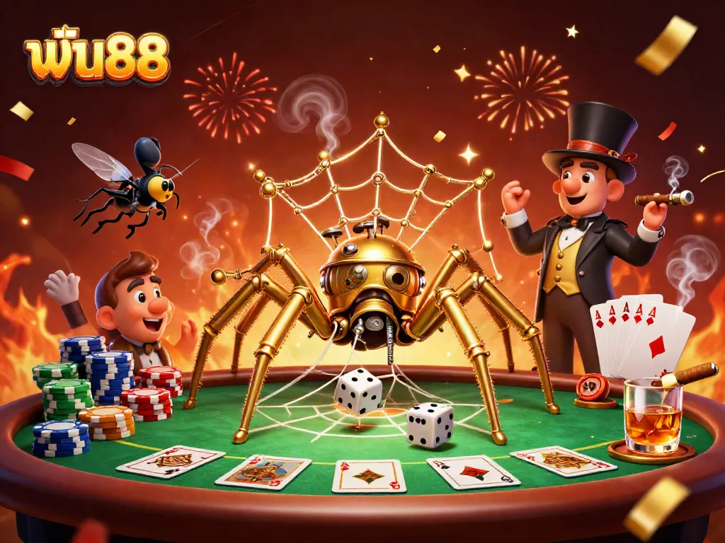 Experience the excitement of ฟัน88 as a golden spider weaves a web of fortune among vibrant poker elements.