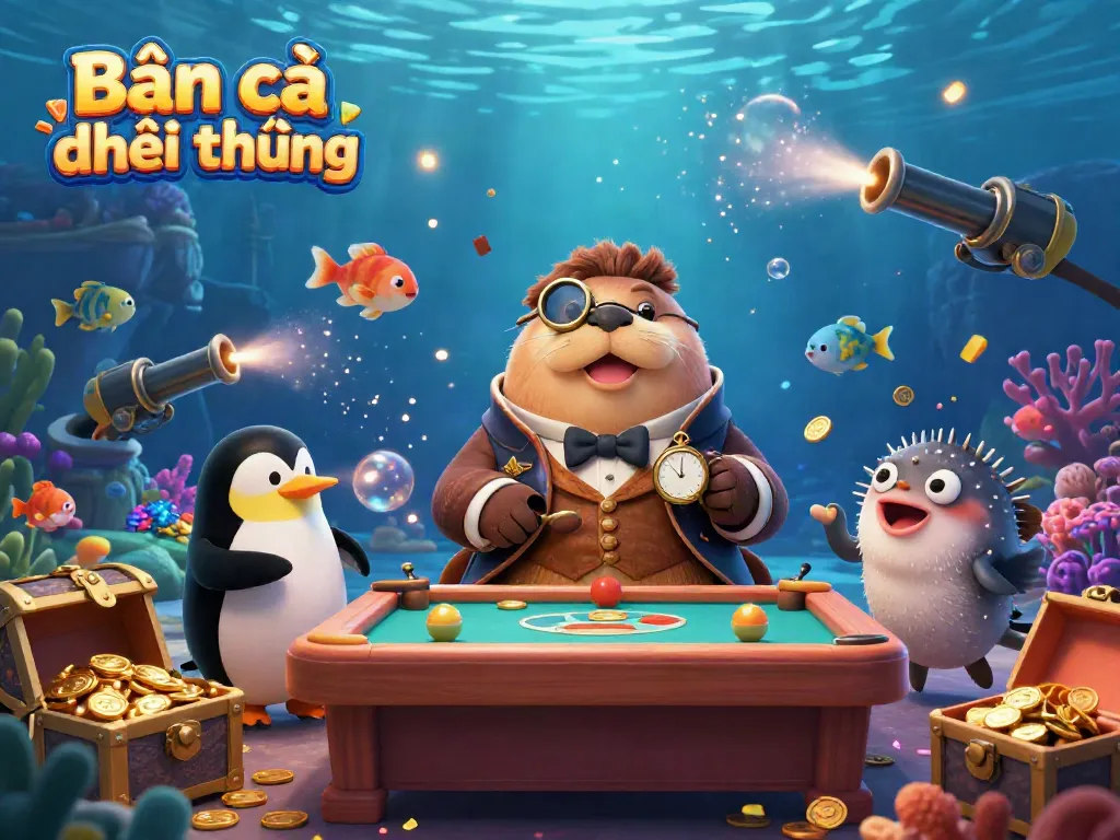 Bắn cá đổi thưởng game scene with a walrus, penguin dealer, and a pufferfish player in an underwater setting.