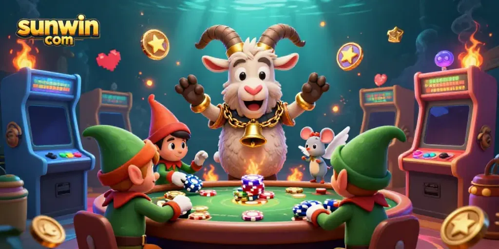Engage in thrilling fun at sunwin com with our vibrant casino featuring a Krampus goat and elf gremlins.