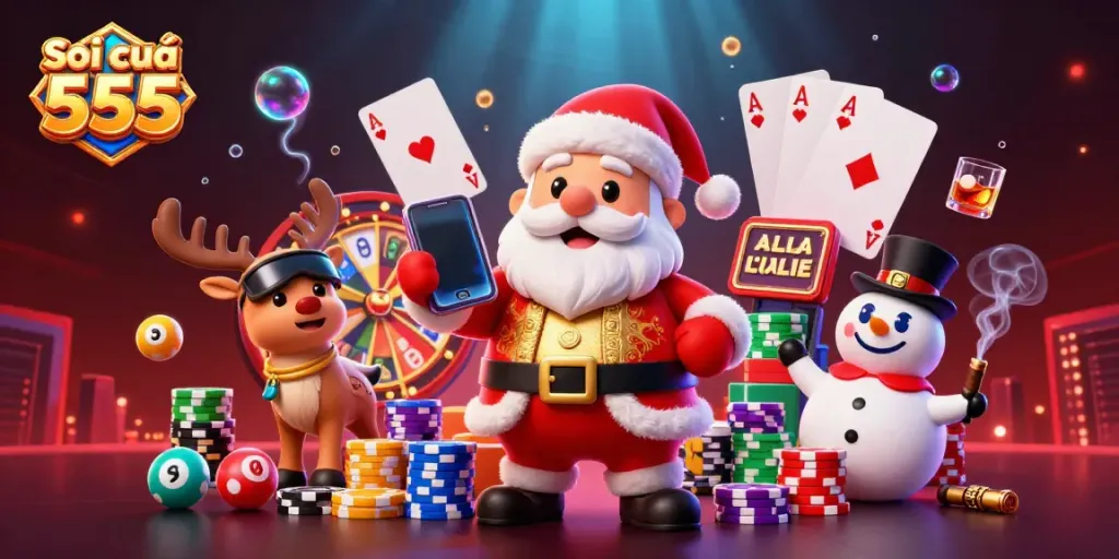 Soi cầu 555 features Santa and friends celebrating jackpot slots with vibrant lottery elements.