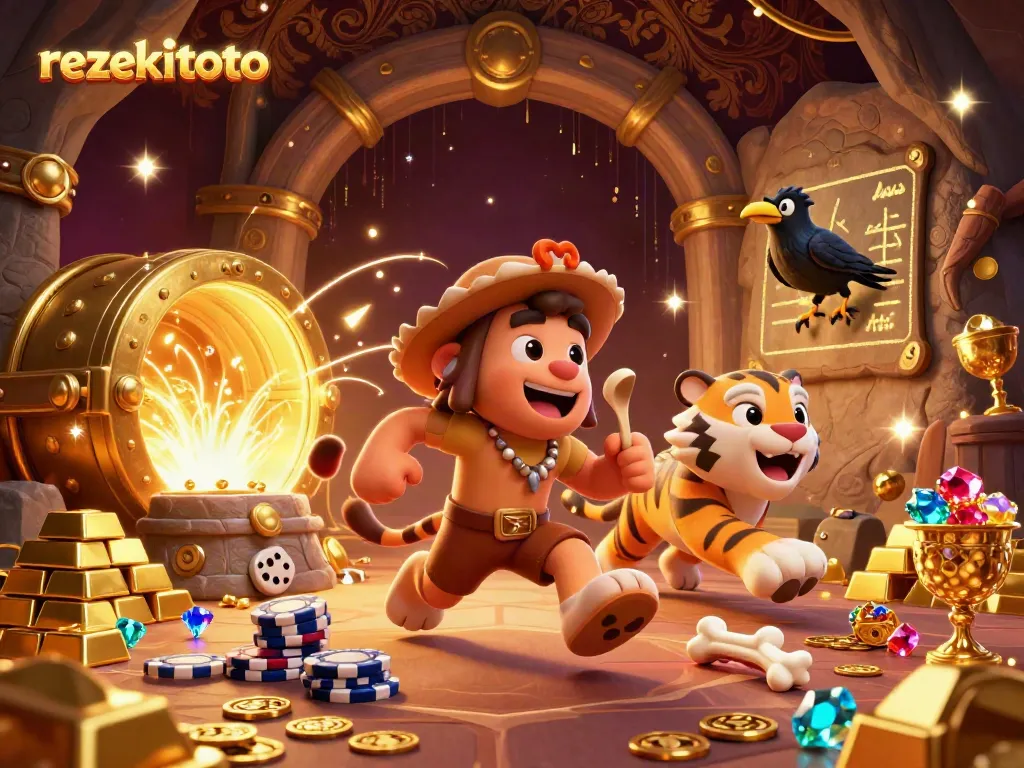 Experience the thrill of rezekitoto in a vibrant 3D casino scene featuring playful characters and treasure elements.