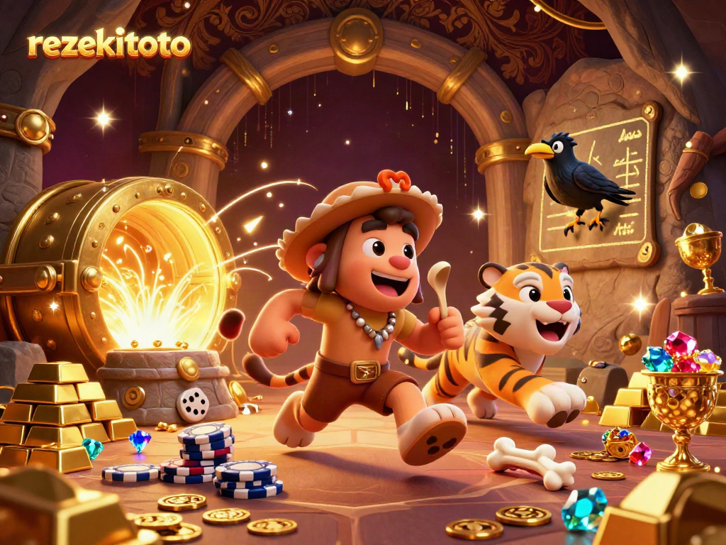 Experience the thrill of rezekitoto in a vibrant 3D casino scene featuring playful characters and treasure elements.