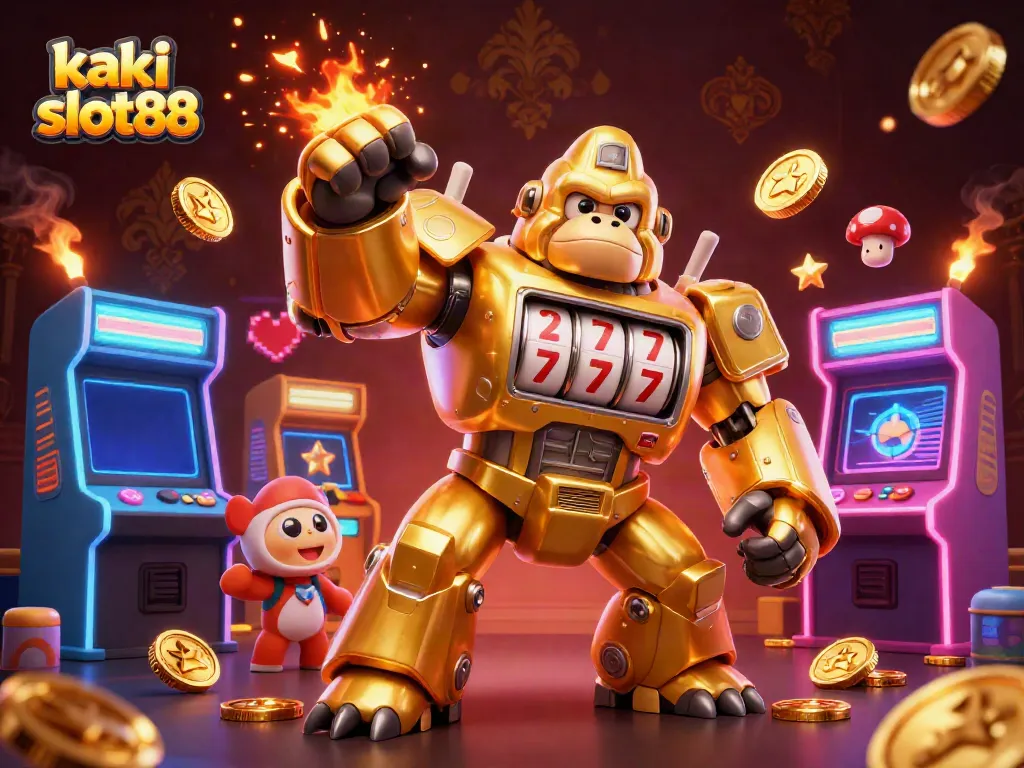 Kaki slot88: Robot gorila emas mengeluarkan koin saat menang jackpot di kasino virtual.