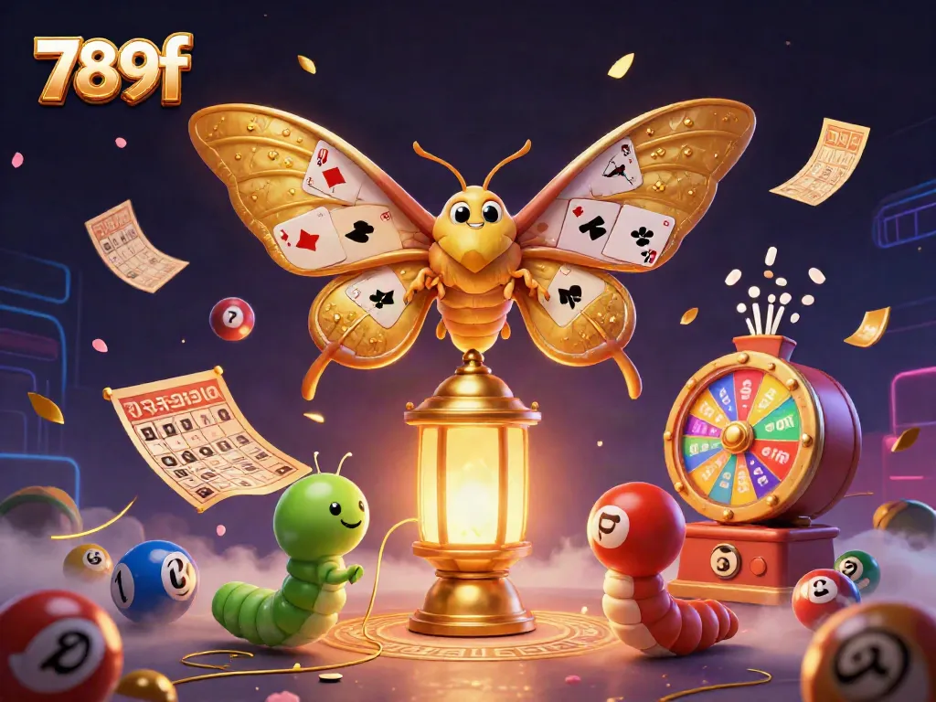 Experience the vibrant world of 789f casino with a fantastical 3D moth and golden lottery elements.