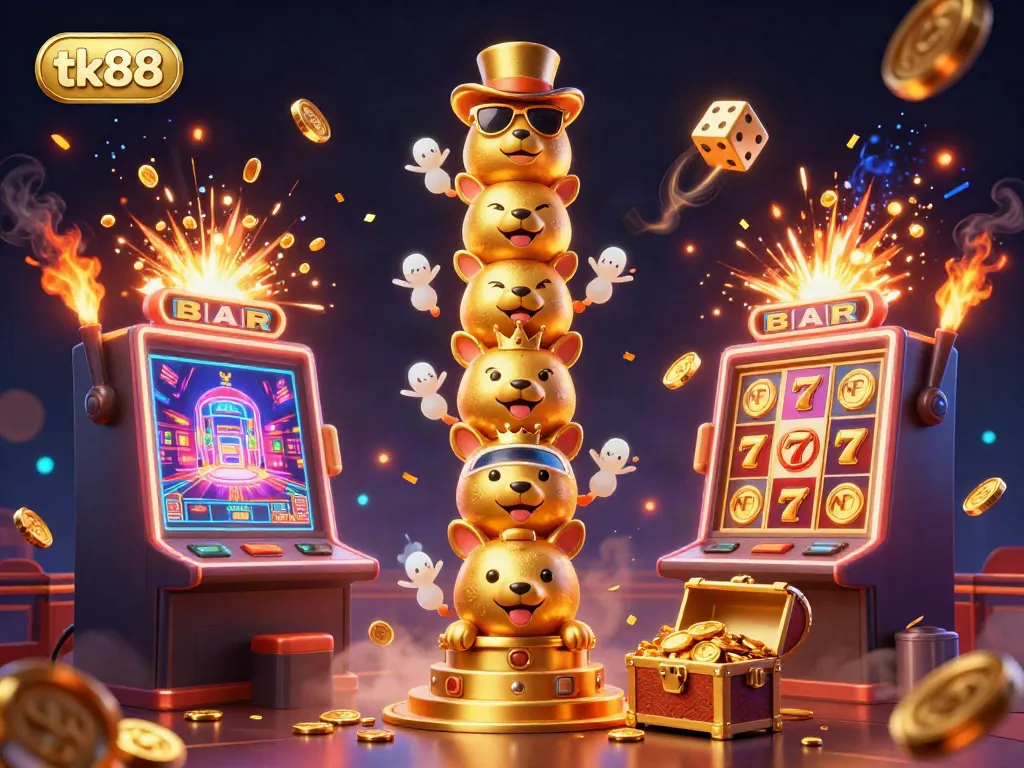 Spin the reels at tk88 with vibrant slot machines and a golden totem pole in a lively casino scene.
