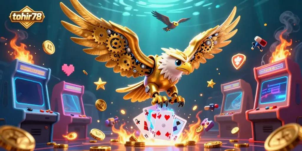Experience thrilling gameplay with tohir78 in this vibrant 3D casino illustration featuring dynamic characters and game elements.