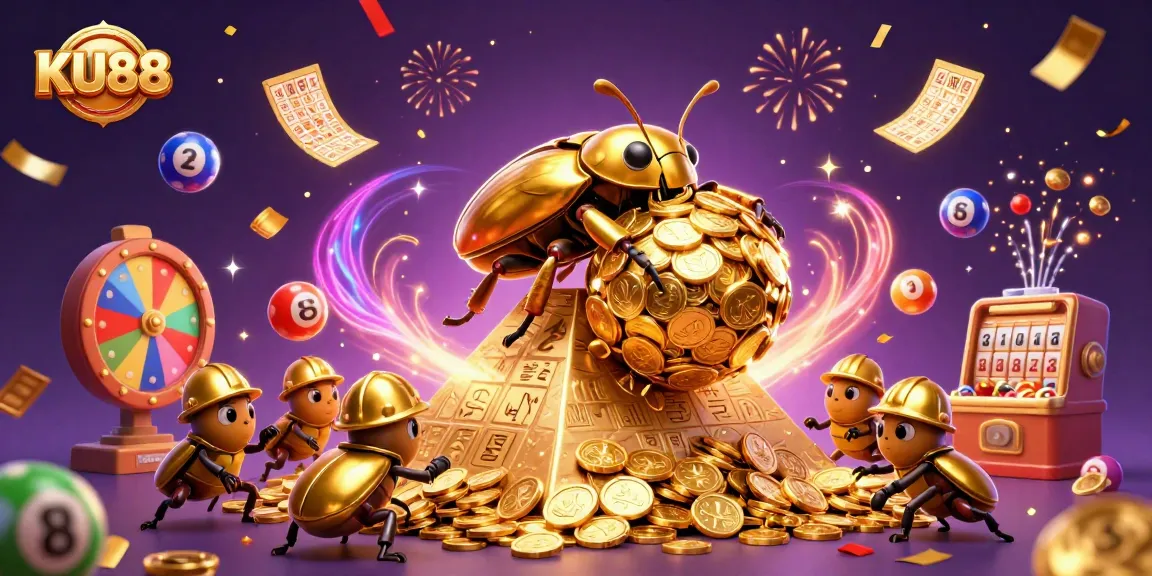 KU88 offers exciting gaming fun with colorful lottery balls and a giant golden beetle.