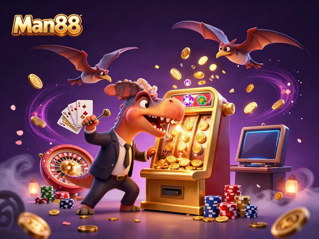 Man88's thrilling casino scene with a pachycephalosaurus triggering a jackpot, showcasing vibrant coins and immersive detail.