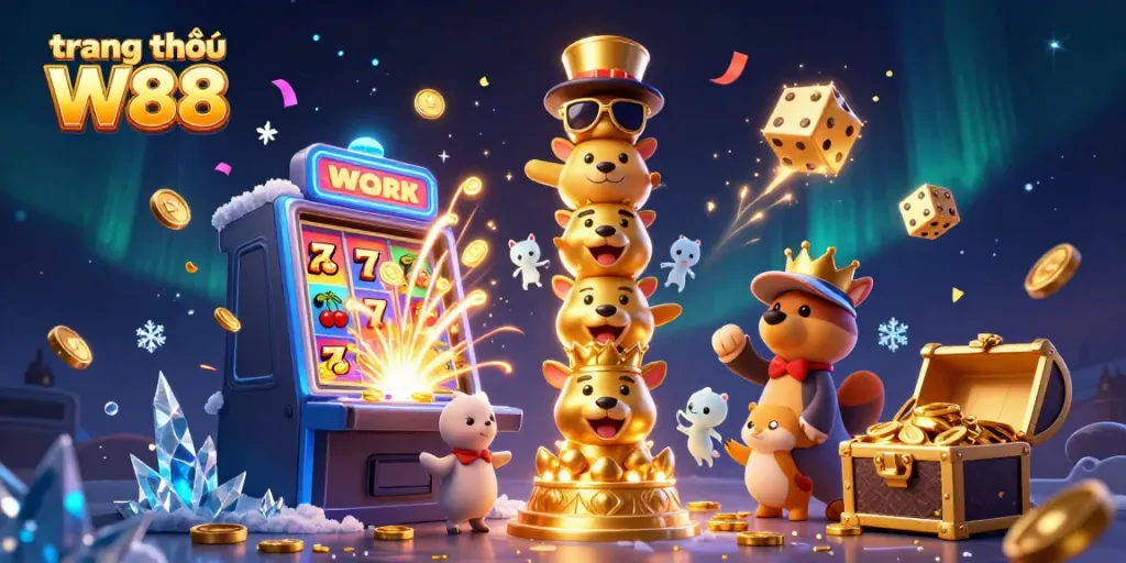 Engage in thrilling gameplay at trang chủ W88 with gold coins, slot machines, and vibrant casino elements.
