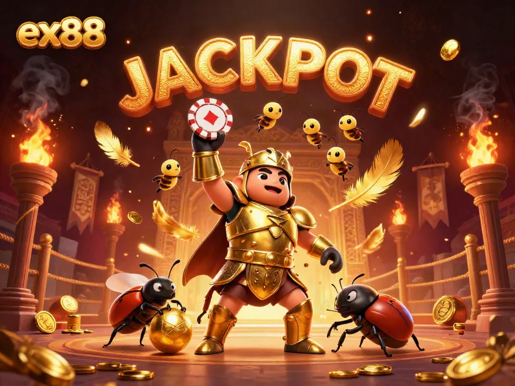 Engage with ex88 as a heroic beetle triumphs in a vibrant casino-themed arena.