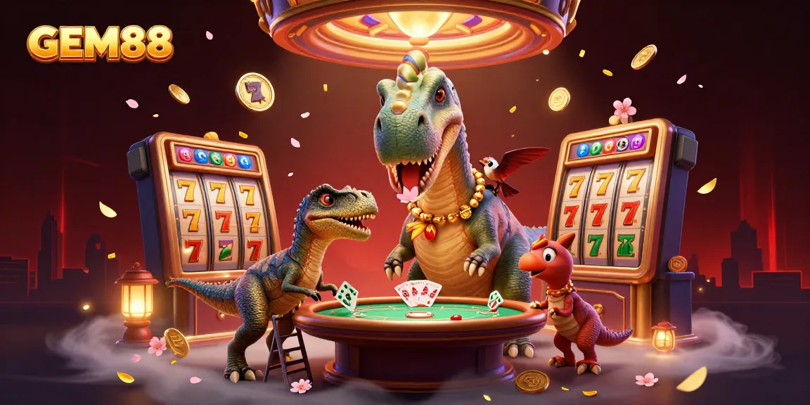 Experience the thrill of GEM88 with vibrant characters and dynamic slots in a captivating casino scene.