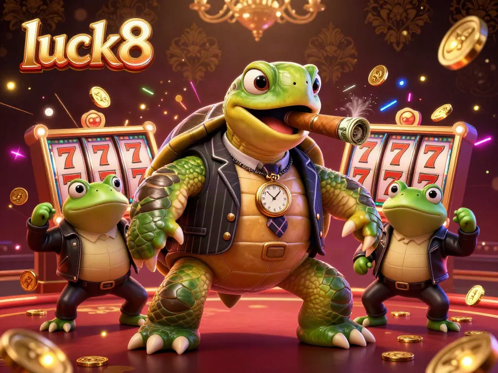 Experience the vibrant luck8 casino scene with animated characters amidst a treasure-filled atmosphere.