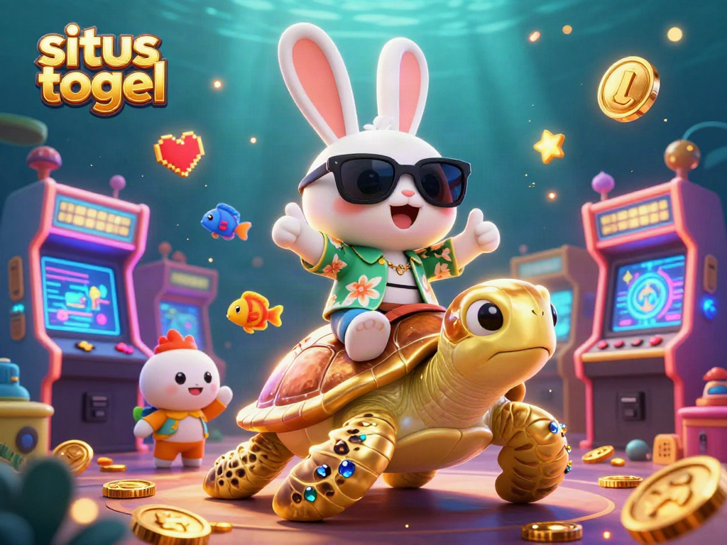Situs togel winning strategies illustrated through a vibrant 3D scene of a lucky rabbit and golden turtle.