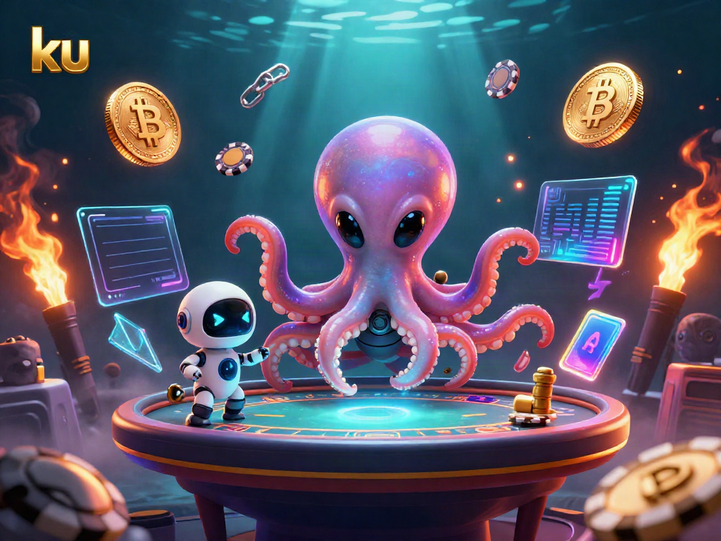 Experience the thrill of ku gaming with an alien octopus and crypto elements in a vibrant casino scene.