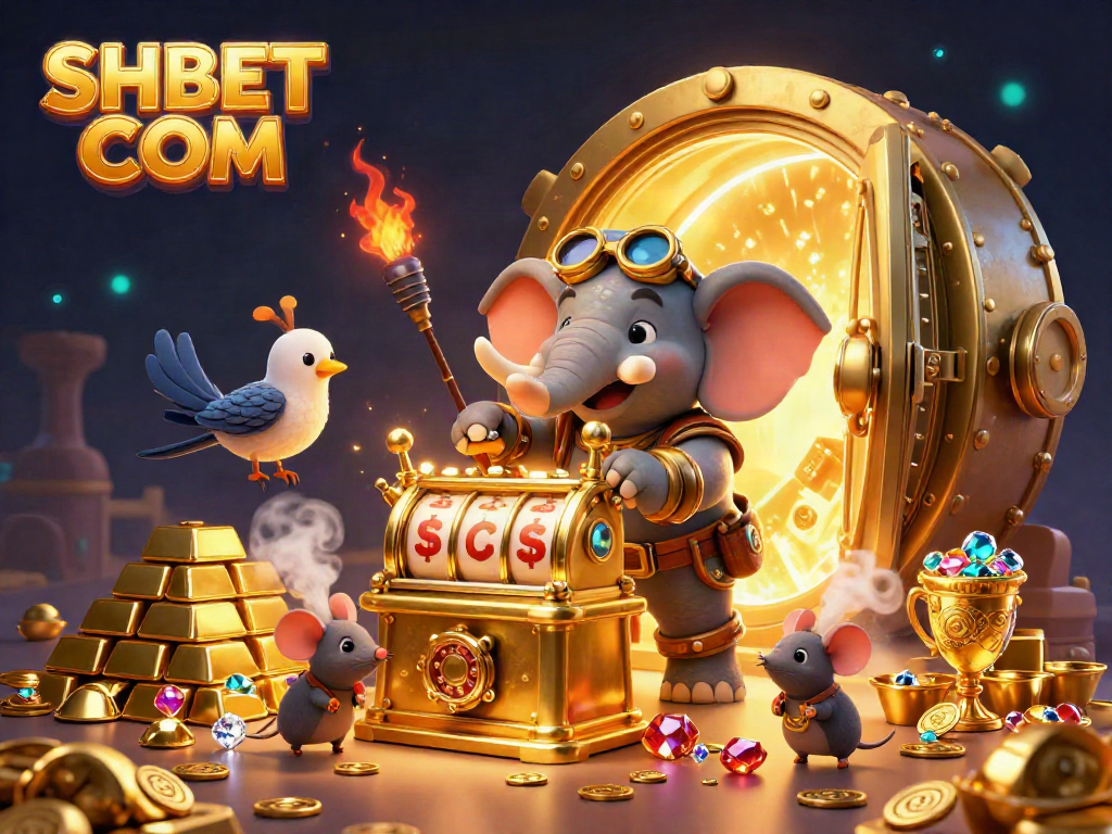 Engage in thrilling gaming at SHBET COM with a lively steampunk-themed 3D gambling illustration filled with treasures.