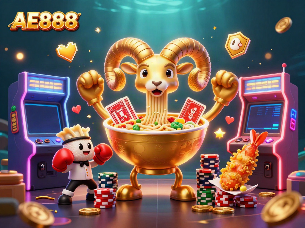 Engage with the vibrant AE888 casino scene, featuring unique gaming characters and dynamic action.