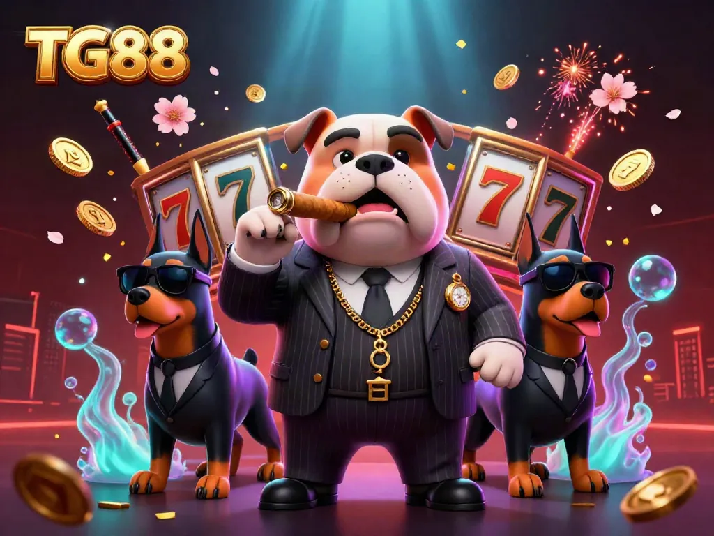Engage with TG88's thrilling online casino atmosphere through a vibrant 3D illustration full of gaming elements.