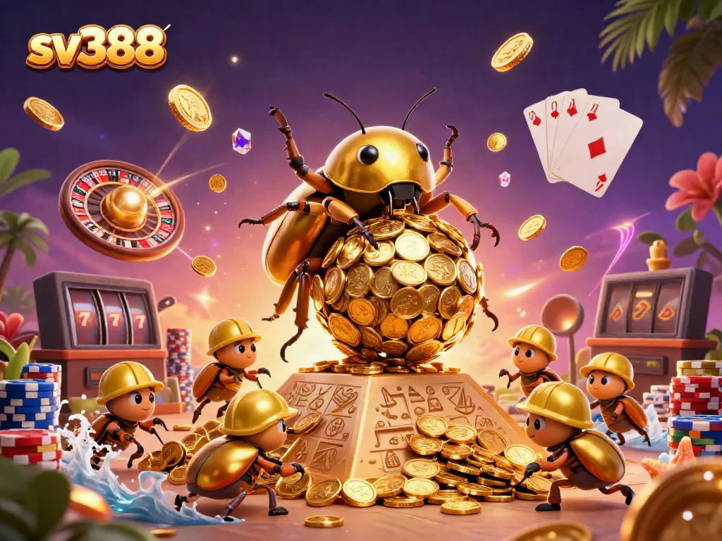 Experience thrilling cockfighting at SV388 with vibrant visuals of a massive golden beetle and casino elements.