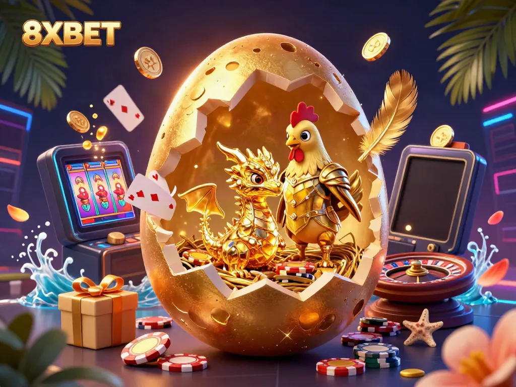 Engaging 3D illustration showcasing the excitement of 8XBET gaming with a golden dragon, poker chips, and vibrant game elements