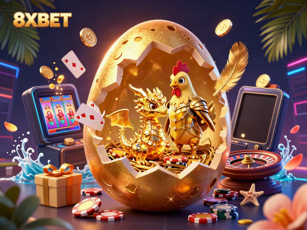 Engaging 3D illustration showcasing the excitement of 8XBET gaming with a golden dragon, poker chips, and vibrant game elements