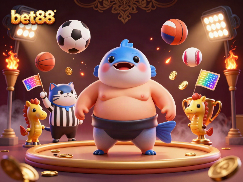 Join the excitement at bet88 with a 3D illustrated underwater casino showdown featuring a sumo fugu and cheering sea creatures.