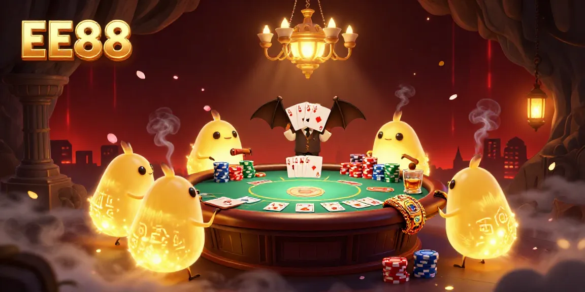 Experience the thrill of EE88 with glowworms lighting a vibrant casino scene featuring poker action.